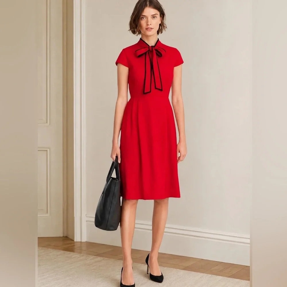 J Crew Bow Tie-neck 365 Crepe Fit & Flare Cap Sleeves Nautical Red Navy Dress 10